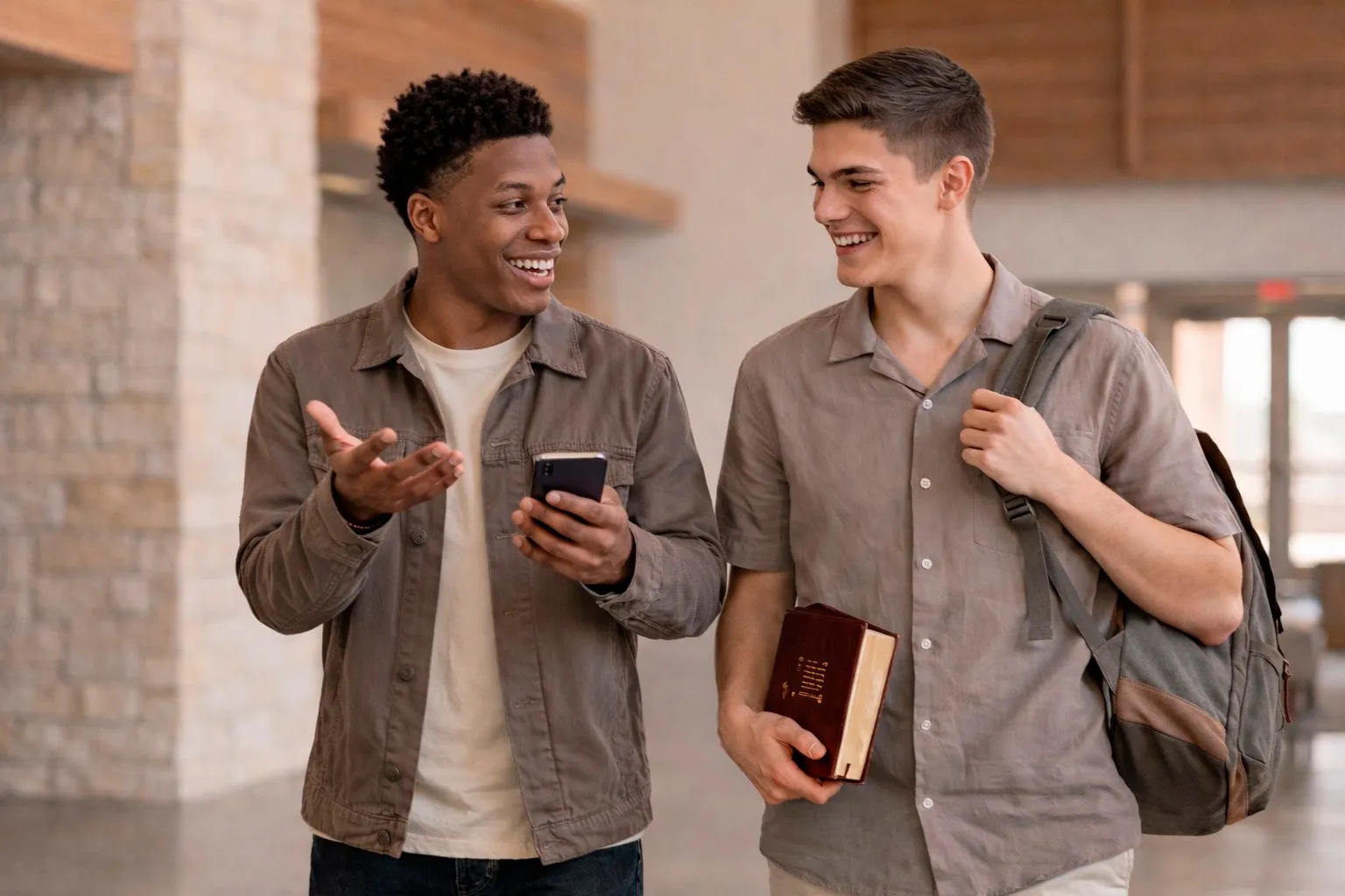 Dois jovens conversam sorrindo no saguão da igreja; um segura o celular, o outro uma Bíblia.